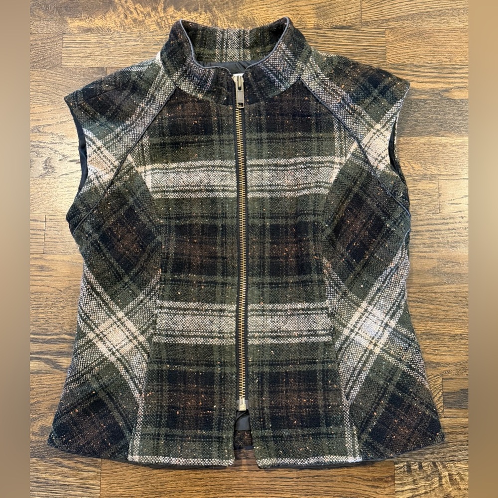 CAbi Plaid Zip-Front Vest in Green, Brown & Cream